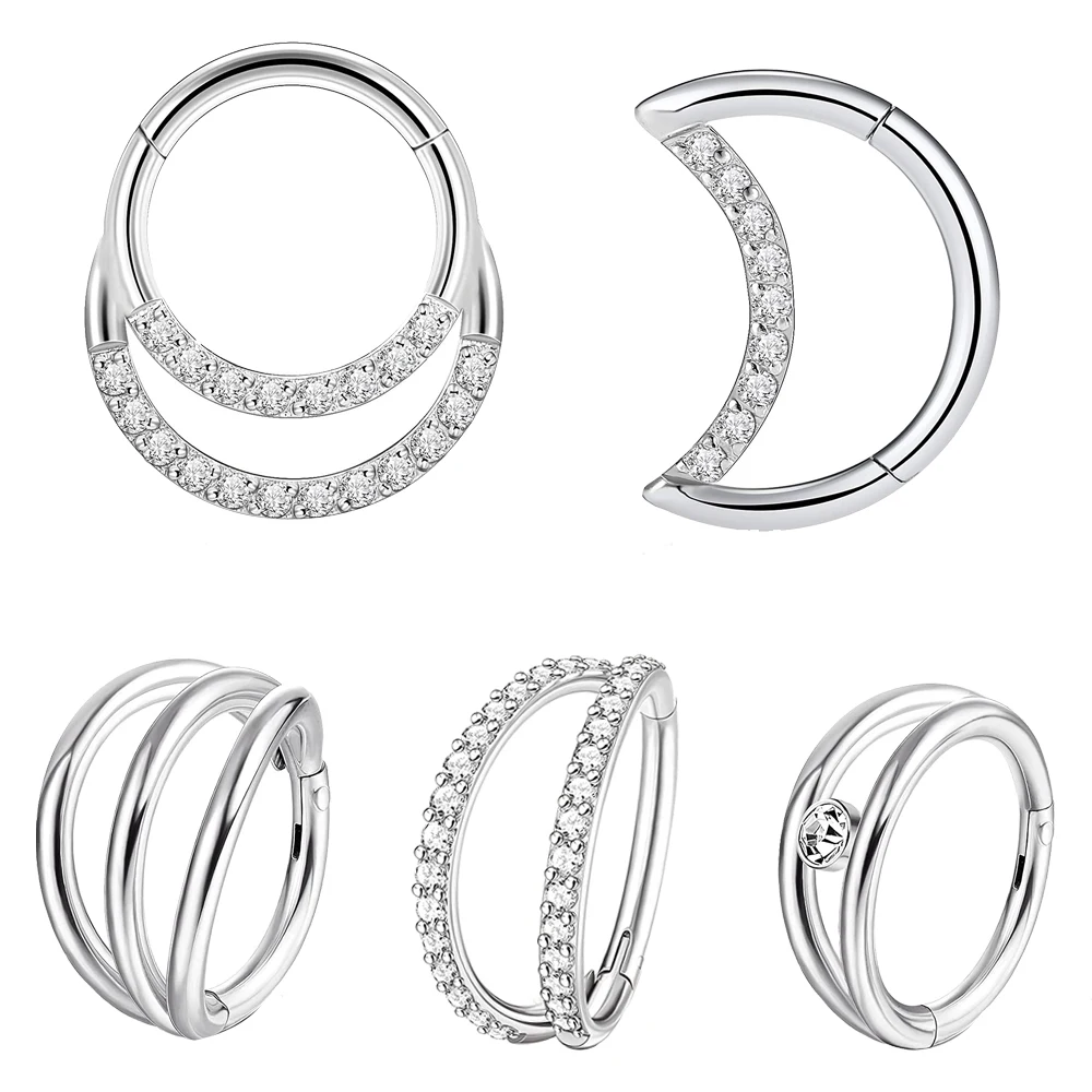 1PC 361L Surgical Steel Septum Clicker Crystal Moon Hoop Nose Ring Ear Tragus Cartilage Daith Earring 16G Piercing Body Jewelry