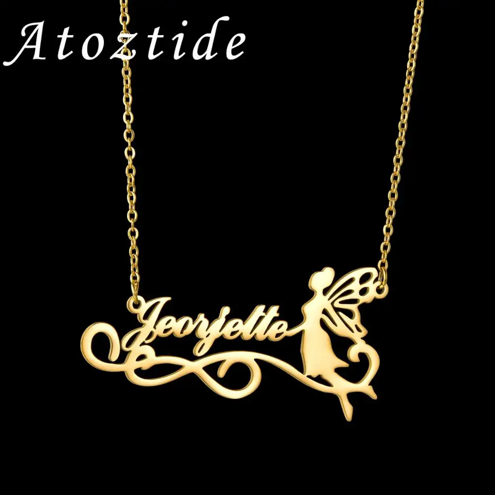 Atoztide Personalized Fashion Fairy Necklace Stainless Steel Name Beauty Pendant Angel for Collier Femme Jewelry Christmas Gifts