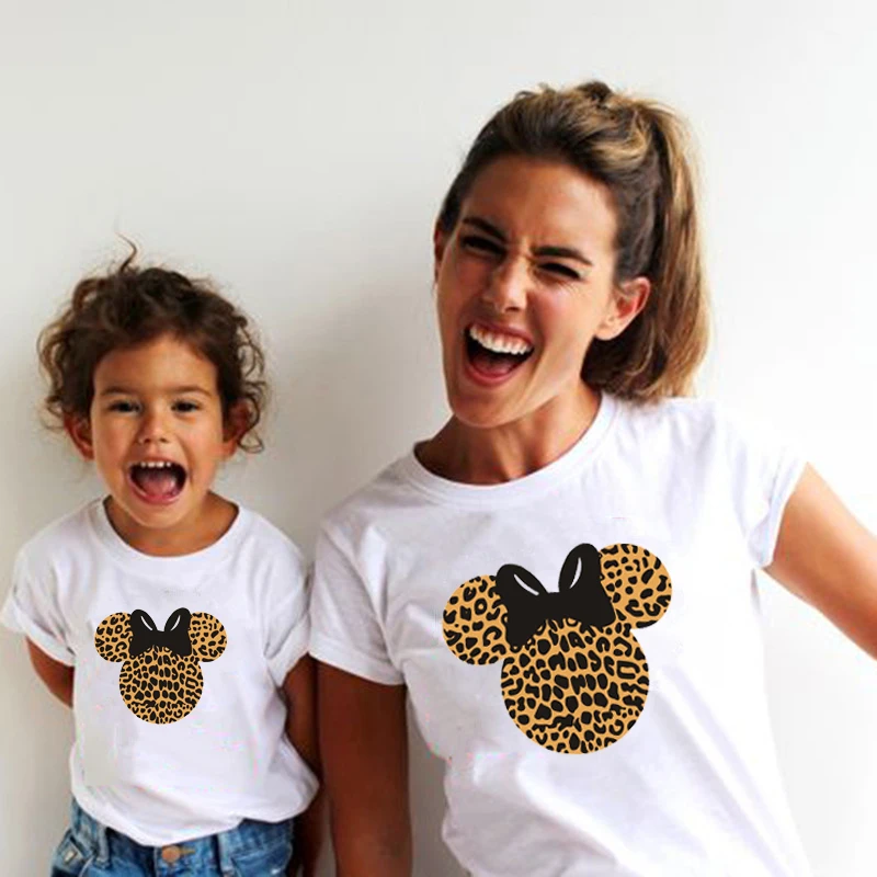 Leopard Print Family Matching Clothes Mommy and Me Clothes White T-shirt Mother and Daughter Clothes Family Look Top