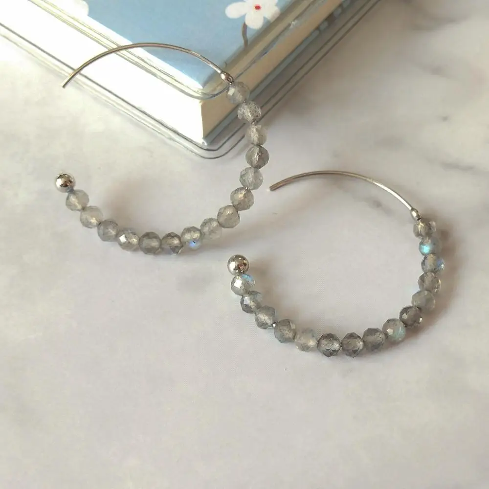 LiiJi Real 925 Sterling Silver Earring Real Turquoise Labradorite Larimar Hoop Earring for Women Jewelry Dropshipping view 6