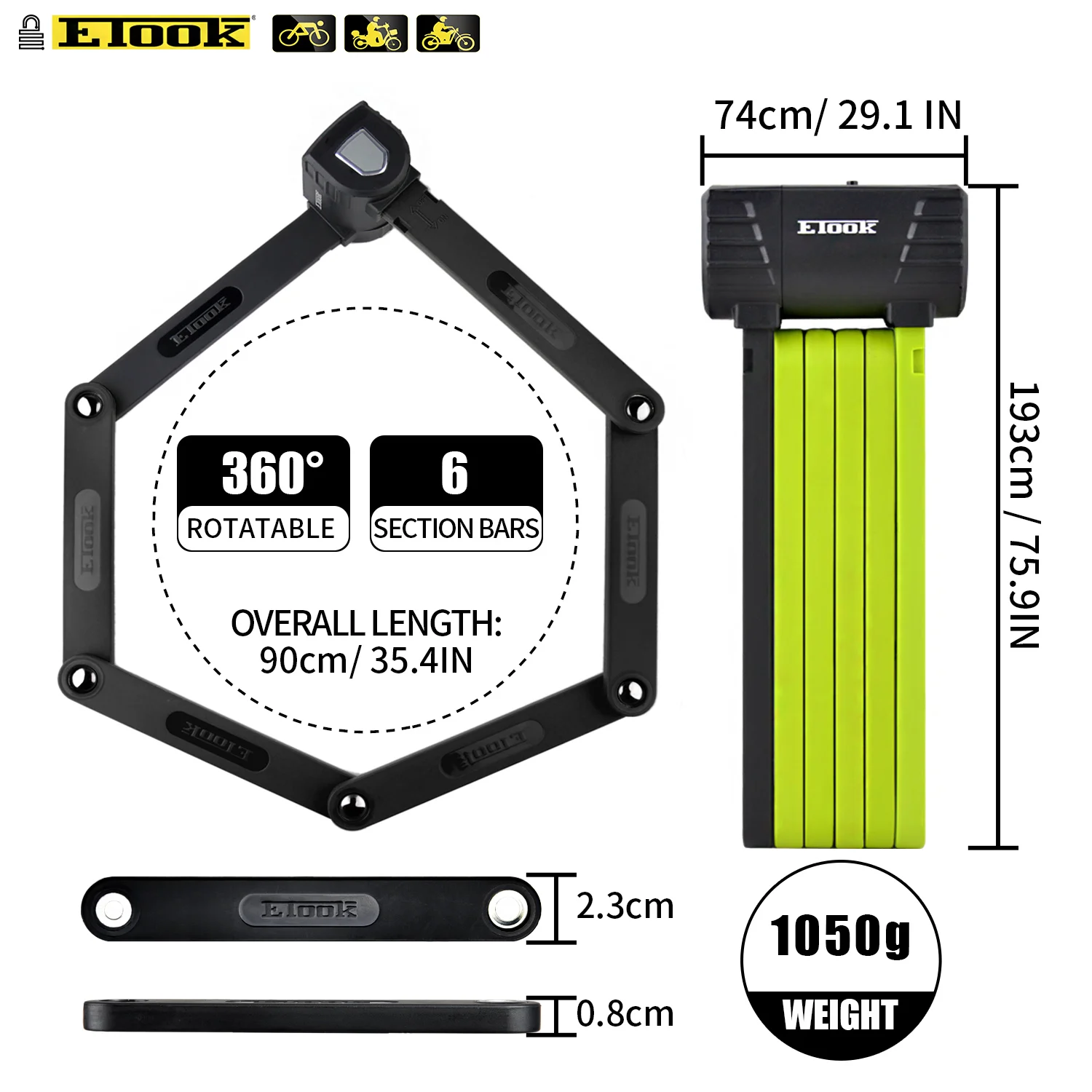 Etook bloqueio de bicicleta dobrável bloqueio de corrente anti-roubo scooter motocicleta e-bike conjunta bloqueio anti-cisalhamento mtb bicicleta