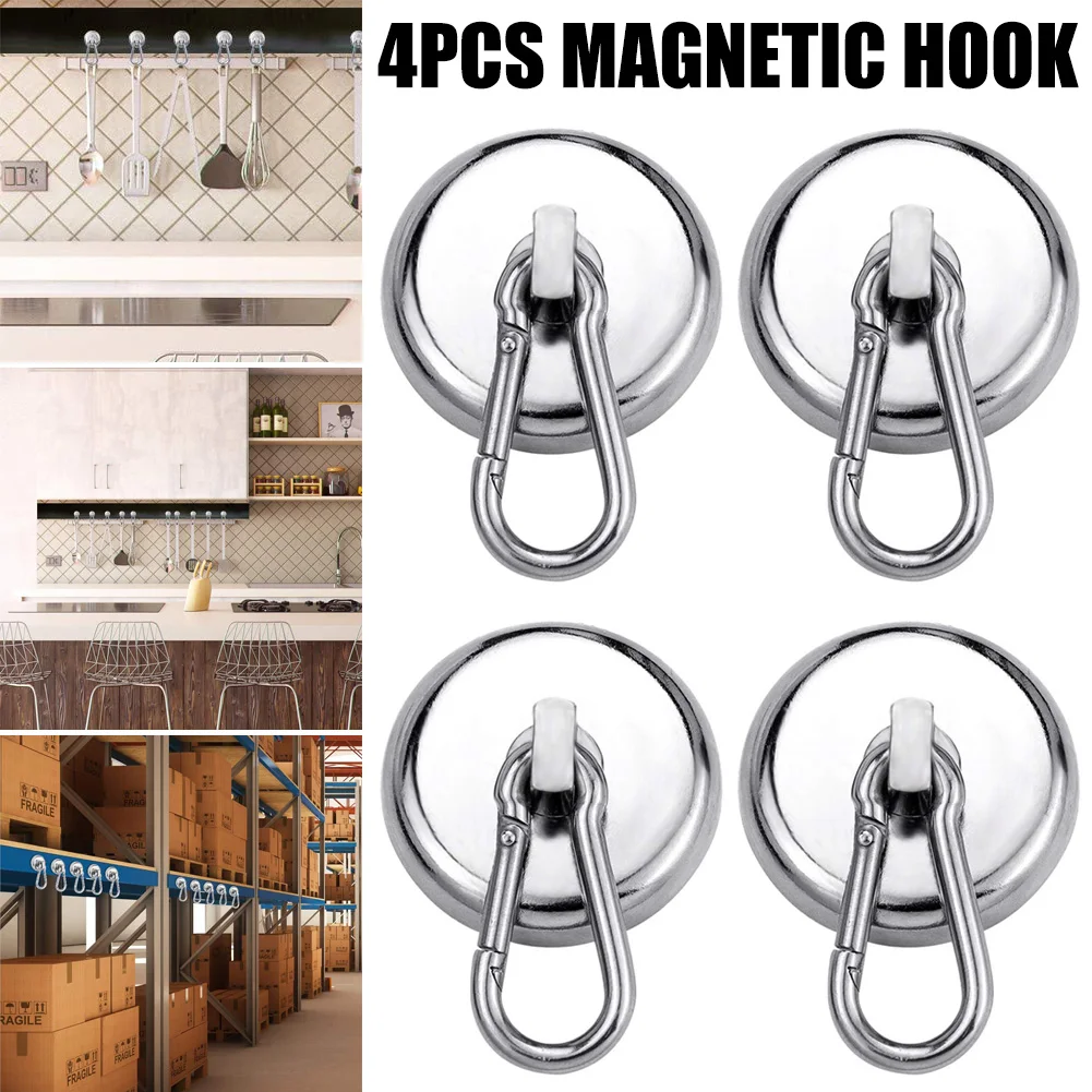 

Magnetic Hooks Strong Heavy Duty Neodymium Magnet Hooks with Swivel Carabiner Hook for Refrigerator Household Storage Tools 4pcs