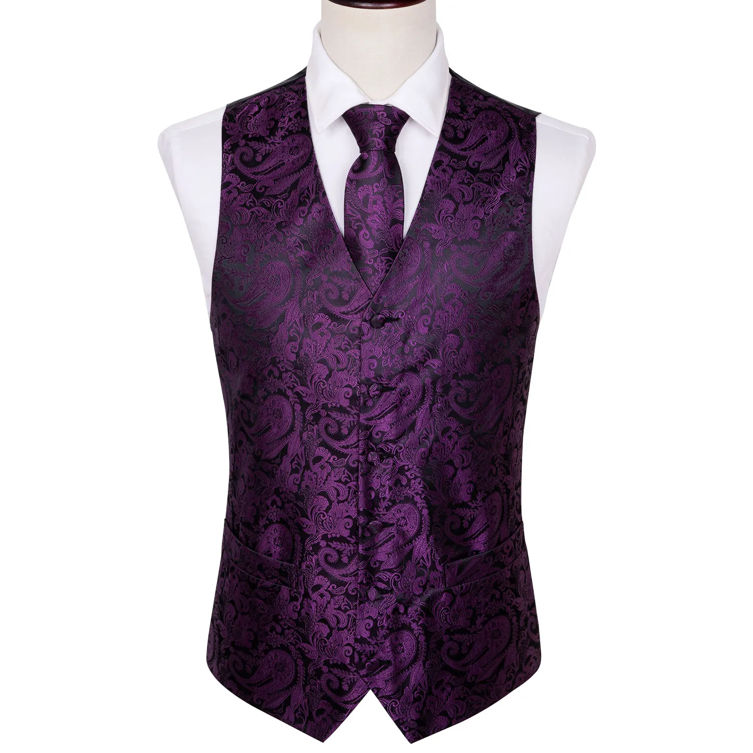 4PC Mens Silk Vest Party Wedding Purple Paisley Solid Floral Waistcoat Vest Pocket Square Tie Slim Suit Set Barry.Wang BM-2020