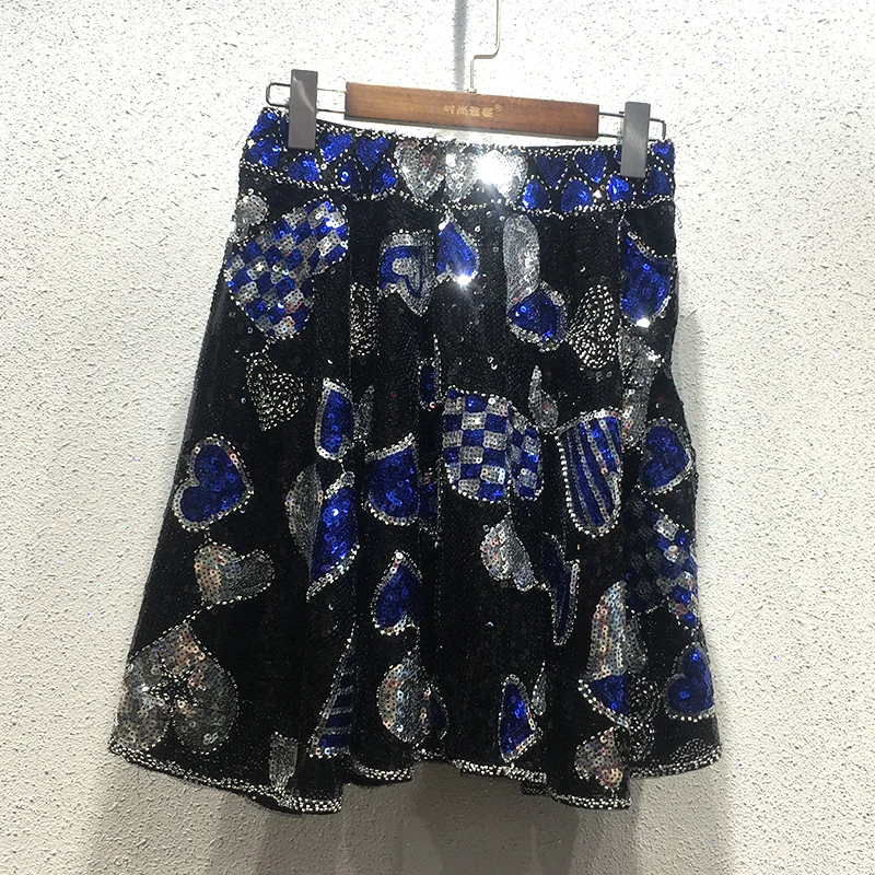 

H80&S90 New Women European Classic Sequins Hearts Skirt Slim Mini Skirt Vintage Beaded Female Geometric A- Line Skirts