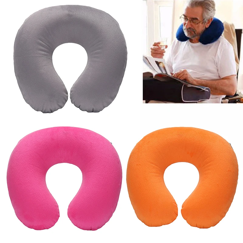 U-shaped Travel Pillow Car Office Inflatable Neck Pillow Short Plush Cover PVC Support Headrest Soft Nursing Cushion