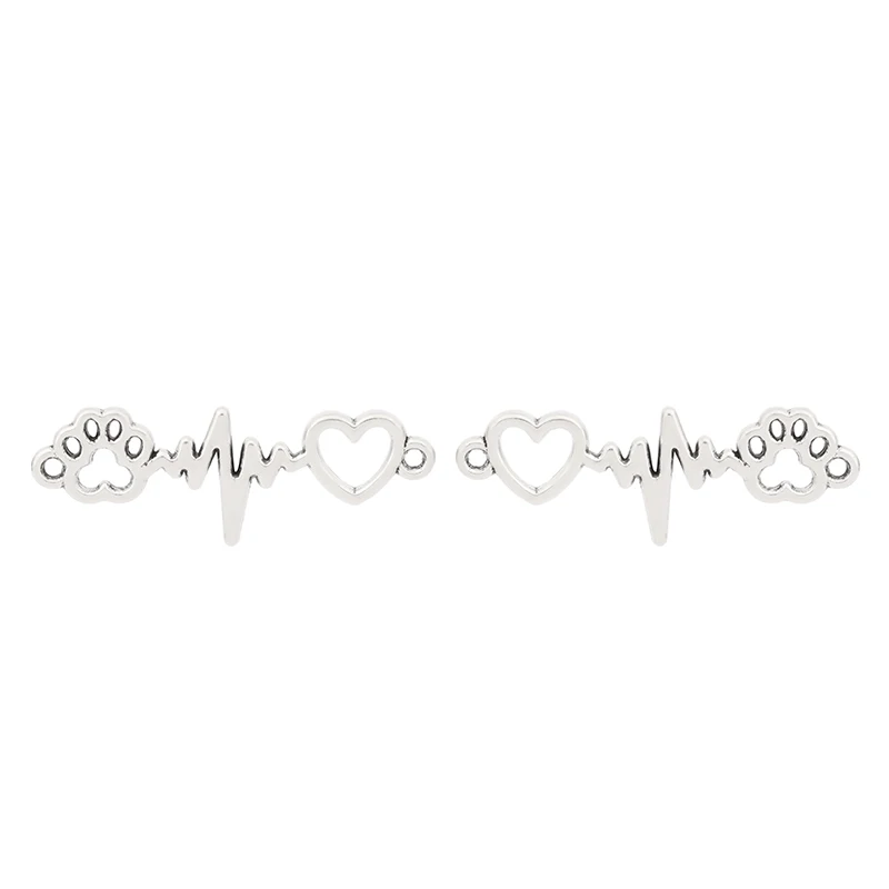 10 x Tibetan Silver 2 Sided Heart Rate Beat Paw Print Connectors Charms Pendants for DIY Jewelry Making Findings Accessories