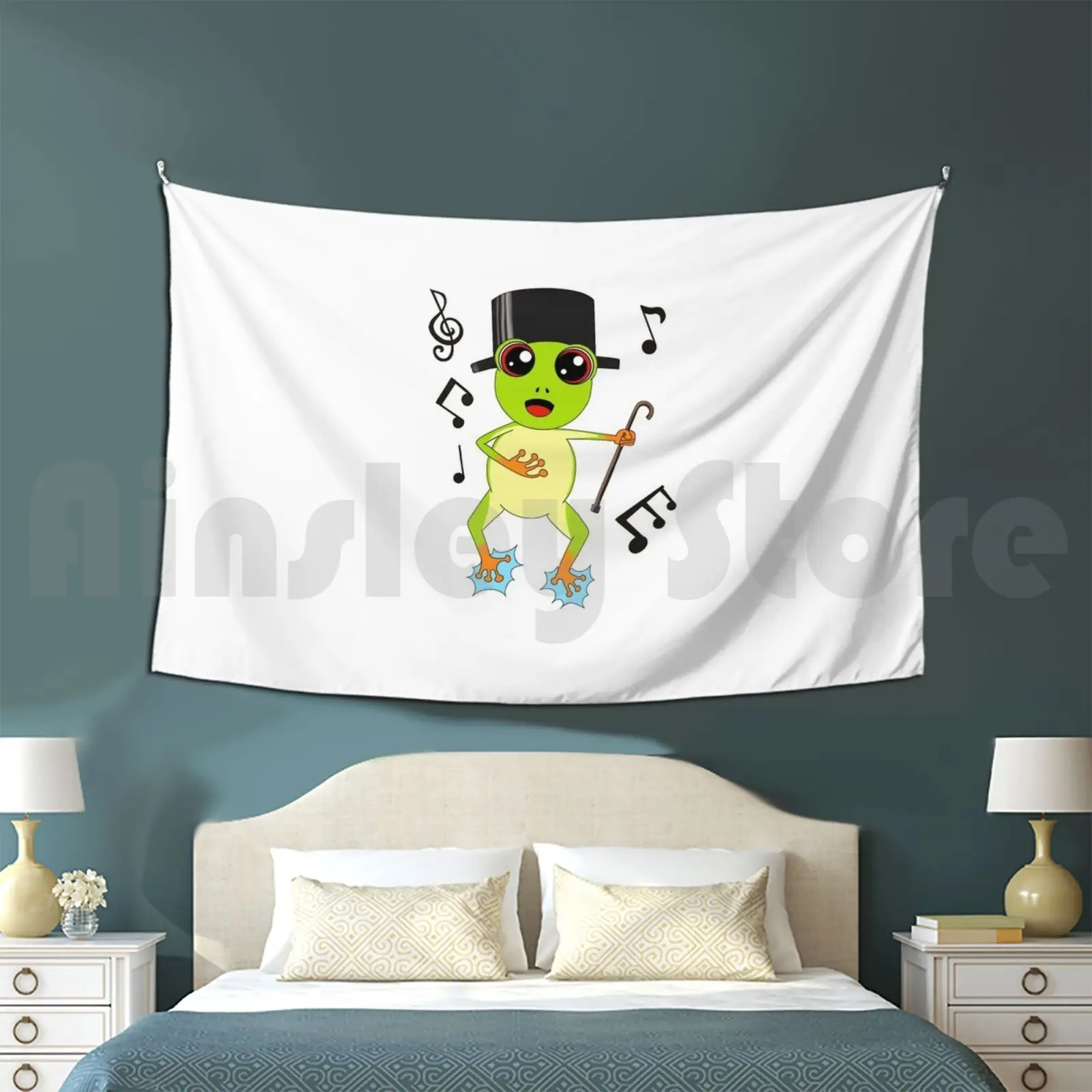 Pretty Dancer Frog With Vivid Colored Top Hat. Tapestry Living Room Bedroom Frog Toad Lovely Pretty Cute Dance Dancer