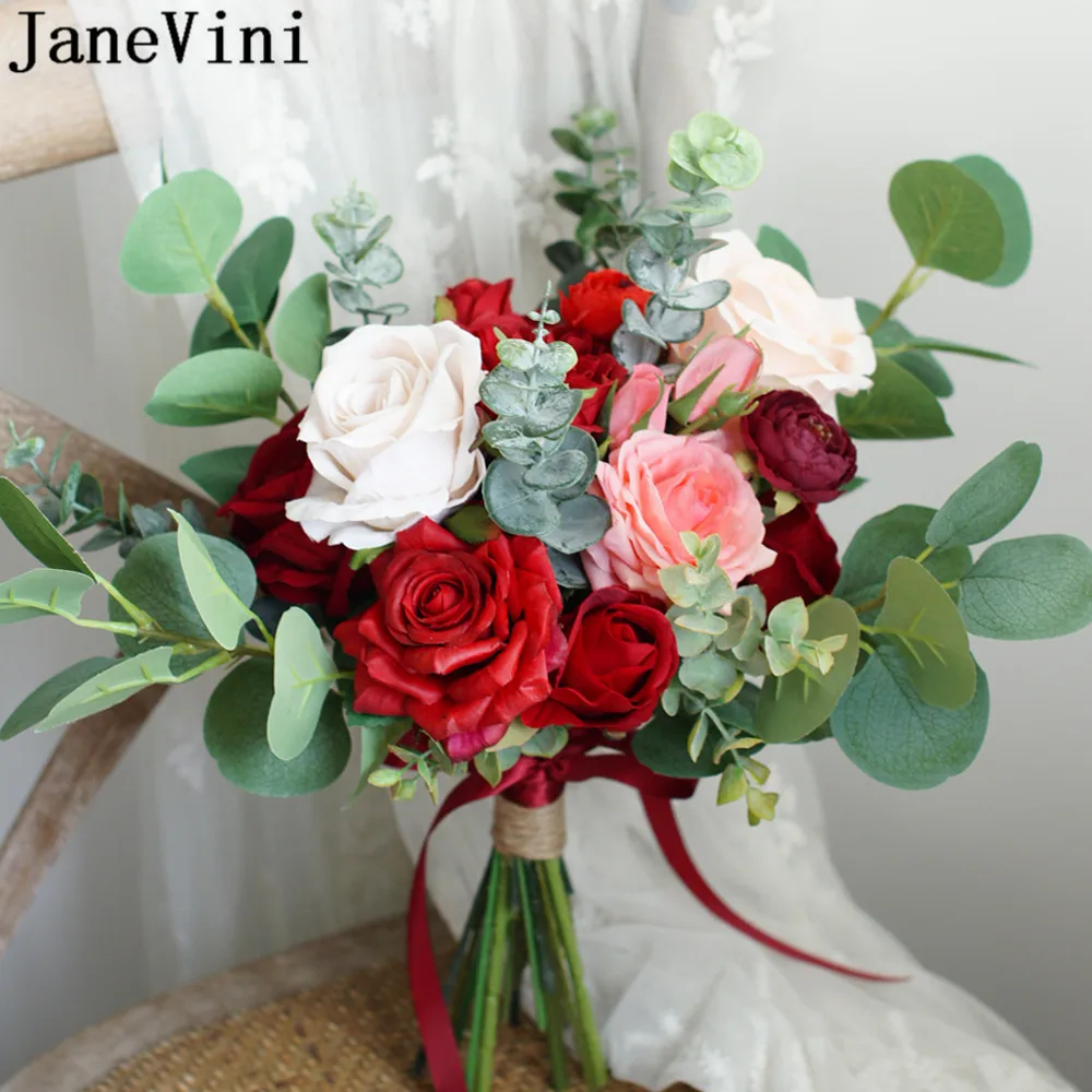 JaneVini-ramo de flores artificiales para novia, rosa roja Vintage para boda, accesorios hechos a mano con asa, 2020