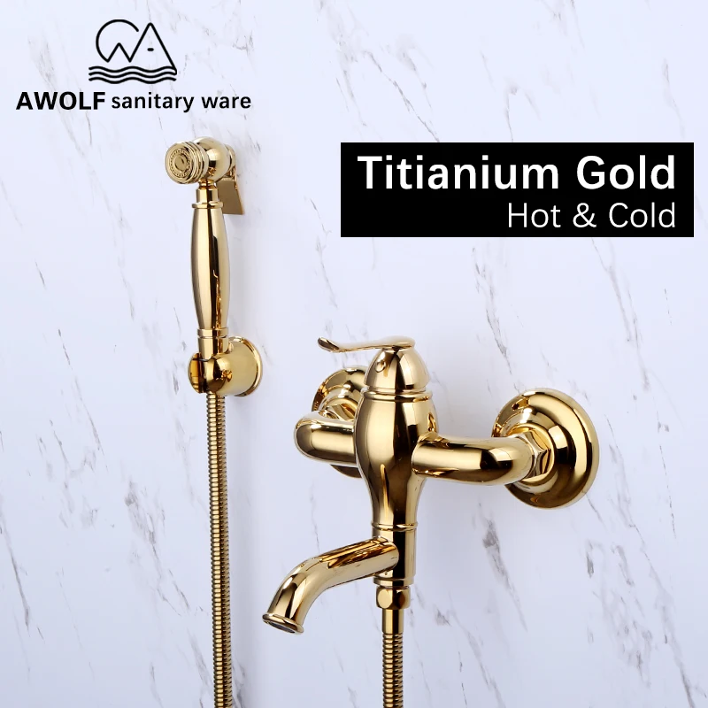 Hand Held Toilet Bidet Sprayer Solid Brass Douche Kit Shiny Gold Hot And Cold Mixer Faucet Shower Set Shattaf AP2189