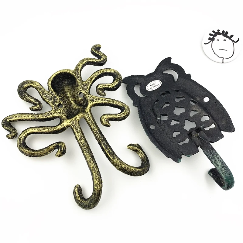 LCH Mediterranean Vintage Style Iron Art Octopus Owl Shaped Door Knob Pull Cloth Hook Outdoor Hook Ancient