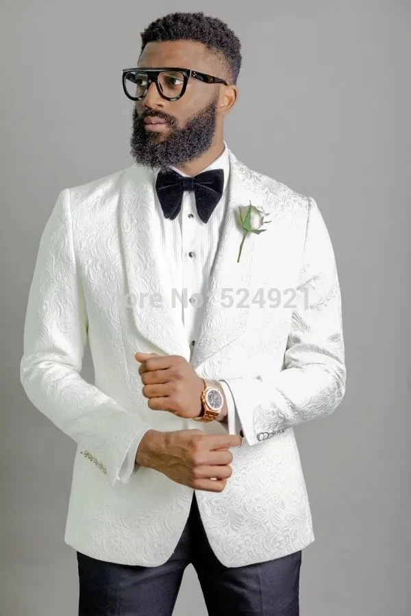 Custom Made Men Suits Ivory Pattern and Black Groom Tuxedos Shawl Lapel Groomsmen Wedding Best Man ( Jacket+Pants+Tie ) C751