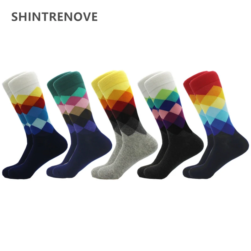 

5 Pairs/Lot Funny Men Combed Cotton Socks Colorful Happy Casual Dress Fashion Sock Classic Diamond Hip Hop Compression Man Socks