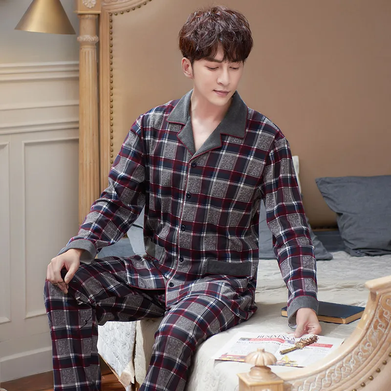 

Pure Cotton Pajama Sets Men 2 Pieces Full Pants Sleepwear Homewear for Homme Classic Plaid Cardigan Pyjamas Gift for Father XXXL