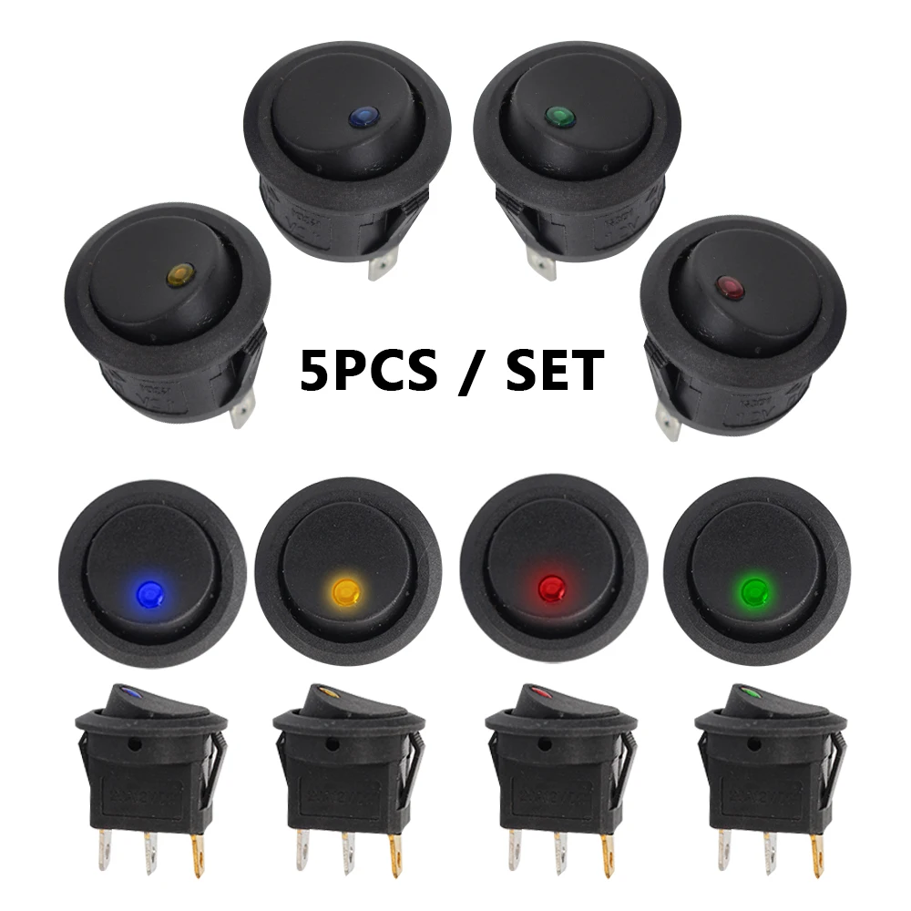 5Pcs 12V Car Switch Button Light Toggle Pushbutton LED Indicator Truck Trailer Caravan RV ATV Automotive Accessories Universal