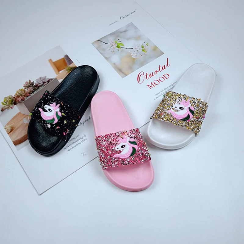 Home Slippers for Girls Sequins Unicorn Pattern Open Toe Flat Sandals Summer Ladies Slides Indoor House Shoes Sandalias Girl