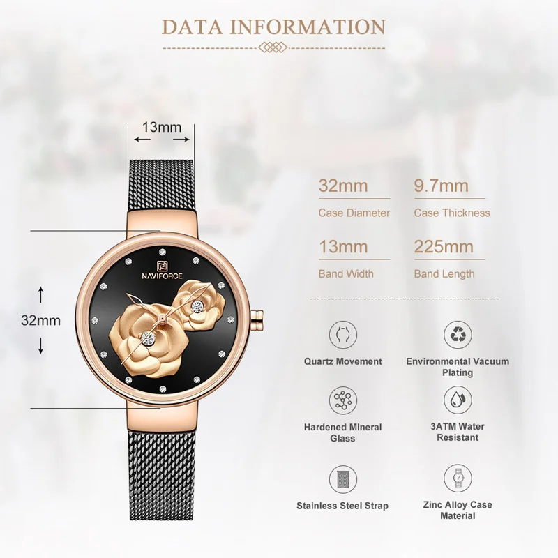 Luxury Brand NAVIFORCE Ladies Watches Fashion Creative 3D Rose wristwatch Gift For Women Girl Casual Clock Relogio Feminino 2019