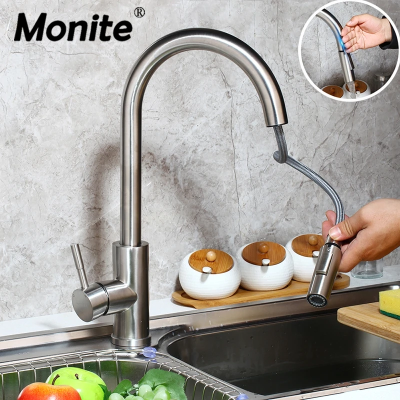 Monite Touch Control Kitchen Faucets Stainless Steel Smart Sensor 2 Ways Kitchen Mixer Faucet Kitchen Pull Down Sink Tap Faucet