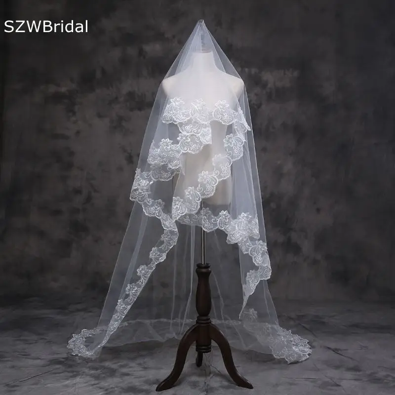 

New Arrival Lace Edge White Ivory Cathedral Wedding Veils Long Bride Boda Vail Bridal headwear Cheap wedding accessories Welon