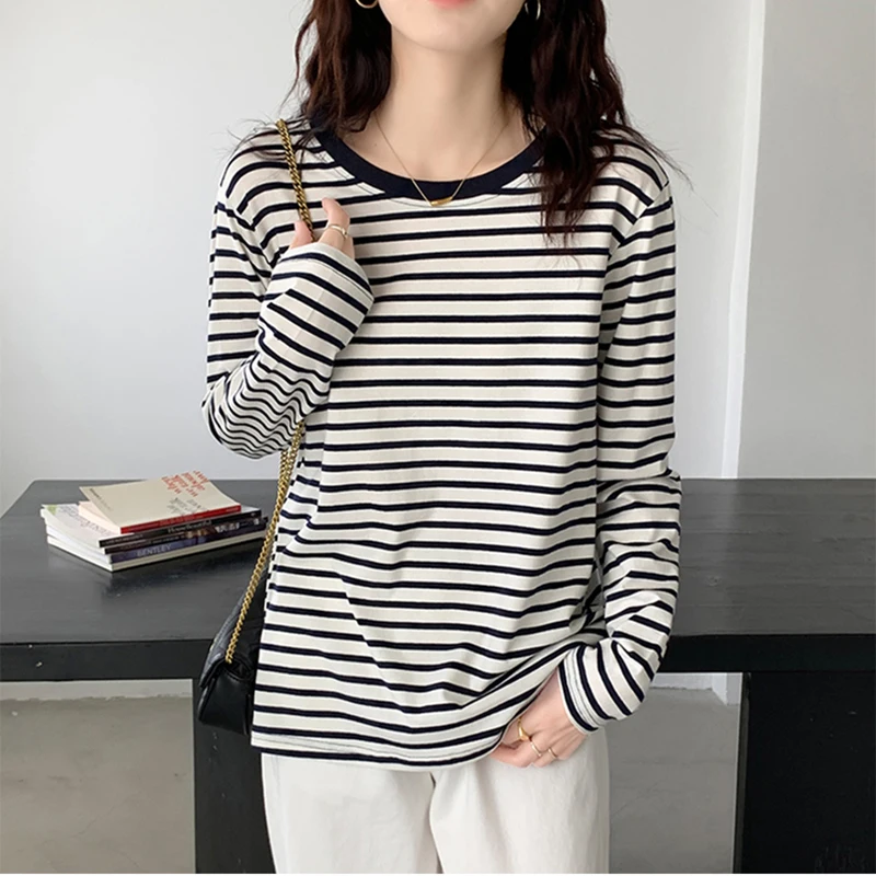 Cotton T Shirt Women 2023 Summer Loose Striped T Shirts Casual O Neck Basic Ladies Clothes Korean Fashion T-shirt Female Tee Top