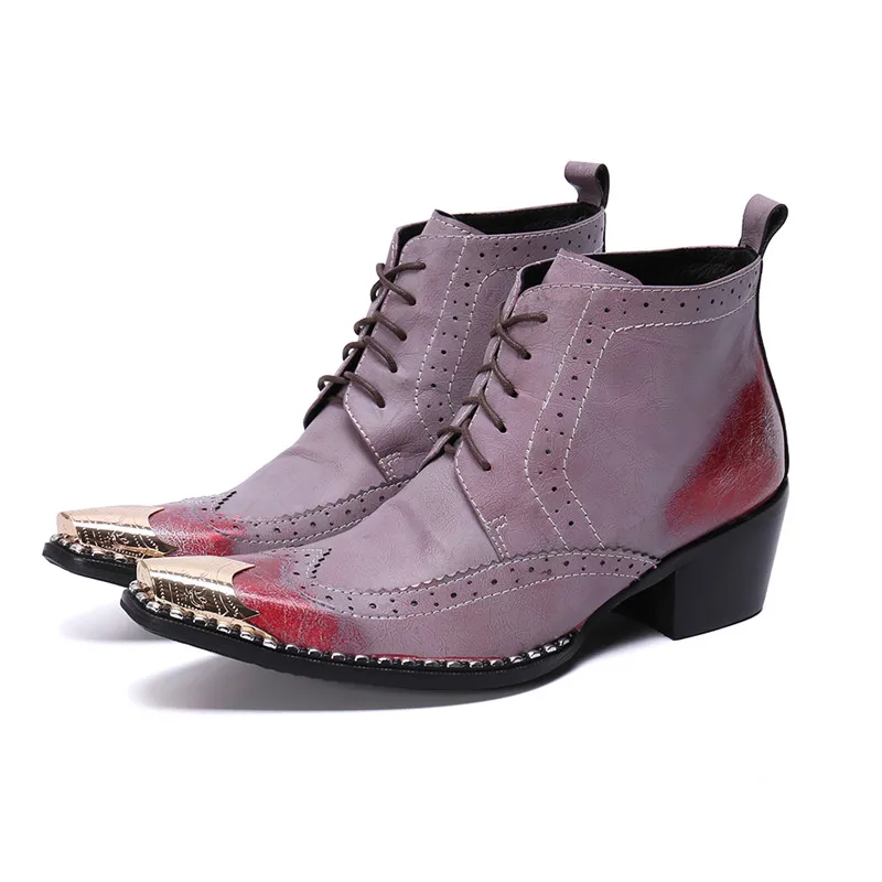 

Purple Genuine Leather Mens Shoes High Heels Lace Up Sewing Retro Combat Boots Rhinestone Bordered Med Heel Winter Men Boots 46