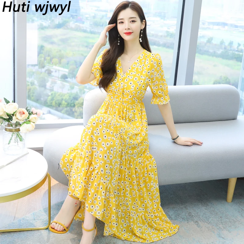 Lente Zomer Vintage Bloemen Chiffon Boho Sexy Jurk Elegante Vrouwen Bodycon Party Vestidos 2024 Casual Strand Vakantie Maxi Jurk