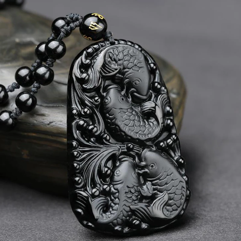 Natural Black Obsidian 3D Carved Chain Happy Four Fish Pendant Lucky Amulet Necklace Pendants For Women Men Fashion Jewelry
