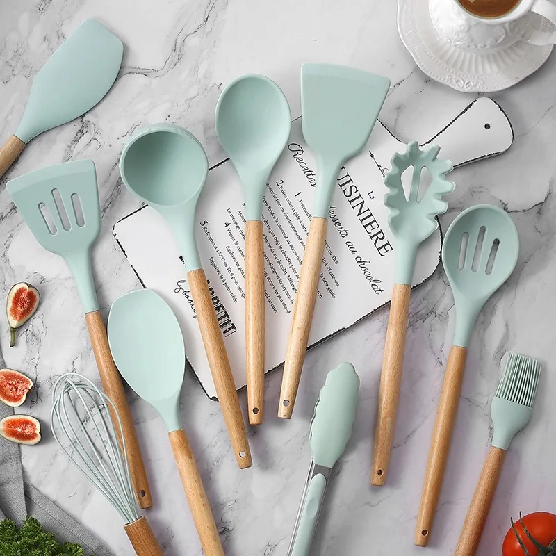 Non-stick Silicone Kitchenware Cooking Utensils Set Cookware Spatula Shovel Egg Beaters Wooden Handle Kitchen Cooking Tool Set