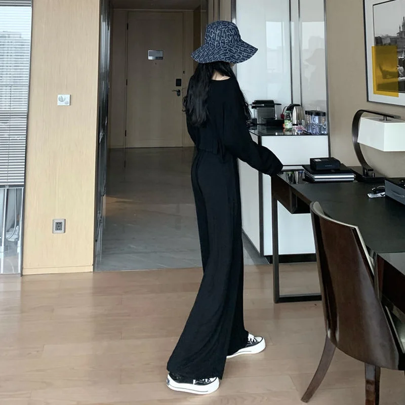 3 Pieces Sets Women V-Neck Cropped Pure Fashion Ulzzang Cardigan and Elastic Waist College Outdoor Full Length Trousers Outfits