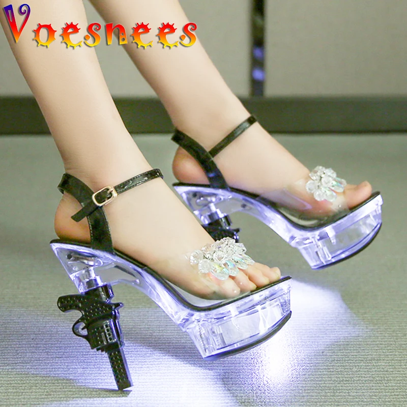 Voesnees PVC Wedding Women Shoes Buckle Strap Solid Colors Sexy Crystal 14CM Platform Sandals Glowing Pistol Heel Open Toe Shoes