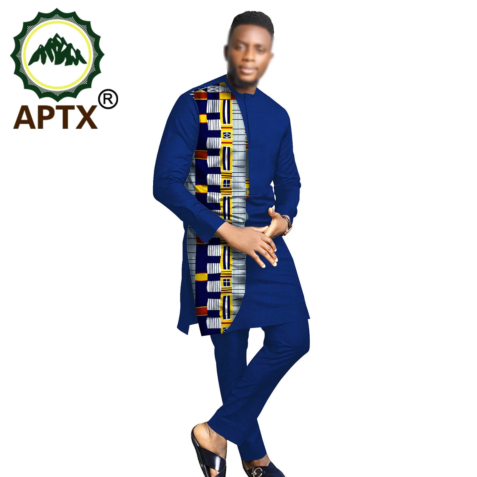 

African Clothes For Men Rich Bazin Bicolor Design Colorful Robe Crew Neck Long Sleeve Casual Solid Color Shirts and Pants Sets