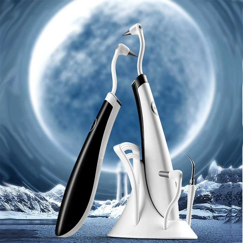 Ultrasonic Dental Cleaner LED Guide Light Remove Tooth Stain Plaque Scaler 15000rpm Battery Power with 5 Replaceable Clean Heads