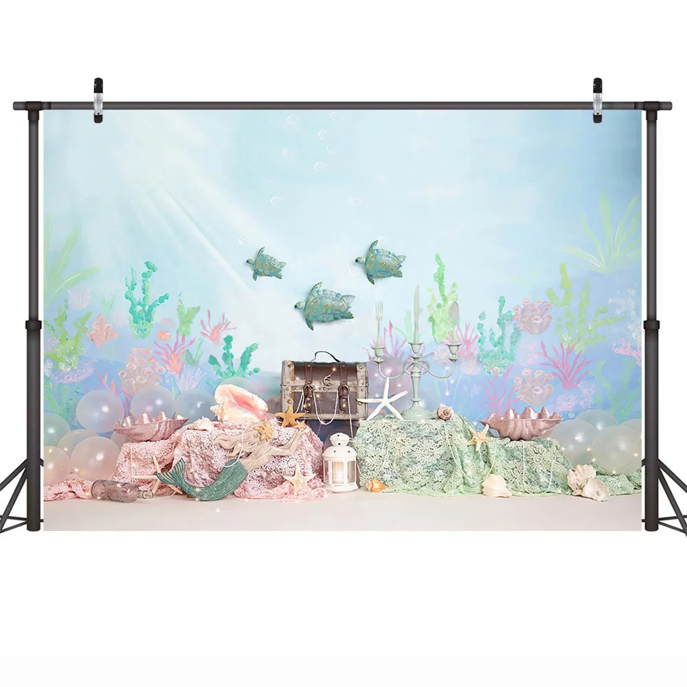 인어 테마 생일 케이크 스매시 신생아 초상화 사진 배경, 바다 아래 작은 인어 사진 배경 소품