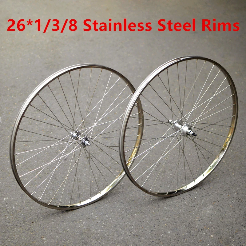 Old Style 26Inch*1/3/8 Stainless Steel Bike Wheel Set Modified Vintage Single Speed Front And Rear Bicycle Rims V-Brake 36H Hubs