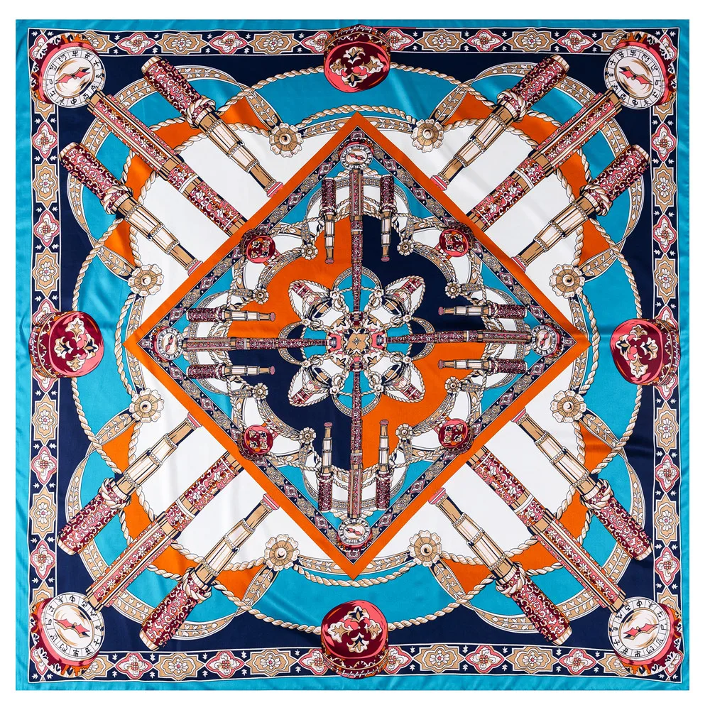 POBING Silk Scarf Women Scepte6 Print Square Scarves Wraps Large Bandana Luxury NecKerchief Hijabs Female Silk Foulards 130CM