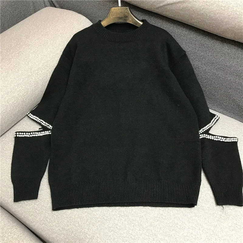 

Ripped Hole Cuffs Diamond Female Sweaters Knitted Pullover Korean Style Womens Wool Blends Long Sleeve Woman Autumn Winter Tops