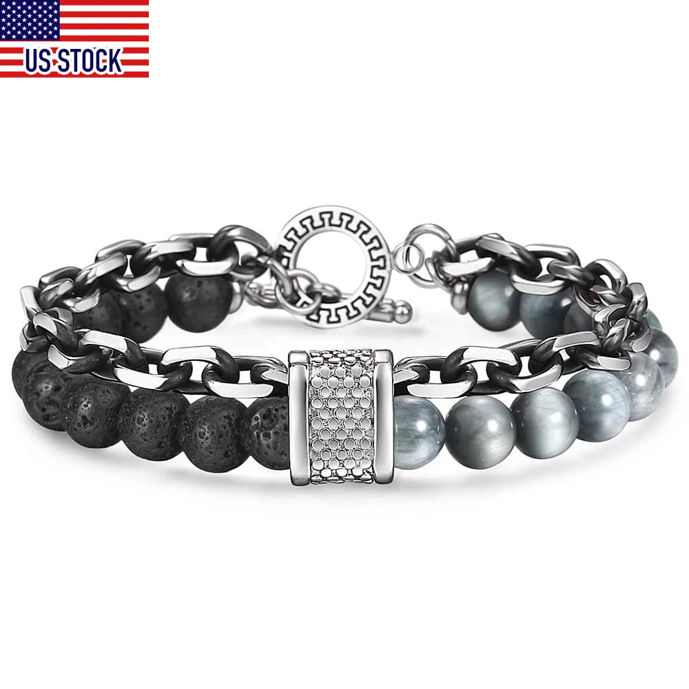 Double Layers Black Volcanic Rocks Beads Bracelets for Men Boy Eagle Eye Stone Stainless Steel Chain US Fast Shipping DTBX00107