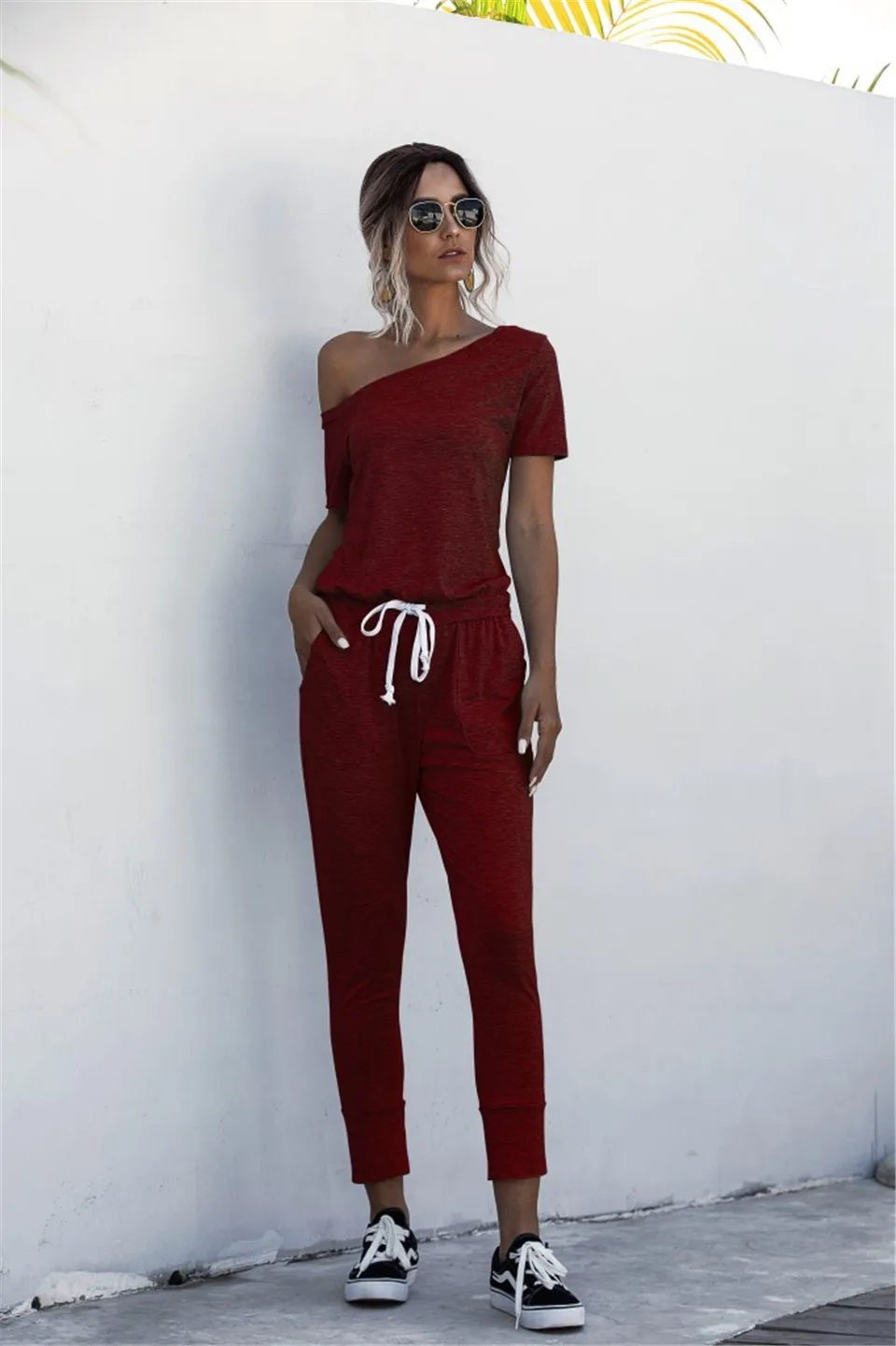 Women Jumpsuits Summer 2021 Drawstring Pockets Decor Oblique Collar Short Sleeve Mid Waist Slim Jumpsuits Women Fashion Clothing