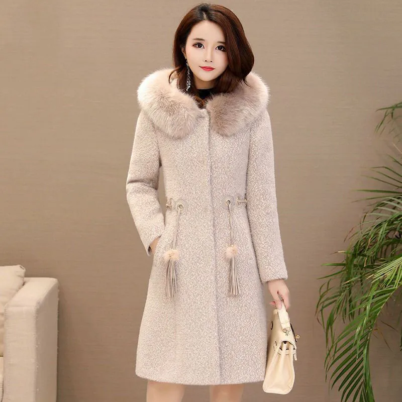 Gold Mink Coat Women Mid-Length 2024 Winter New Jacket Thickened Warmth Imitation Mink Outwear Ladies Hooded Woolen Overcoat Top