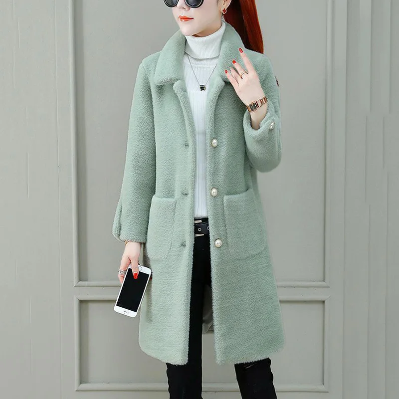 

2021 New ladies woolen coat thickened autumn and winter imitation mink velvet coat coat women's mid-length women's coat winter