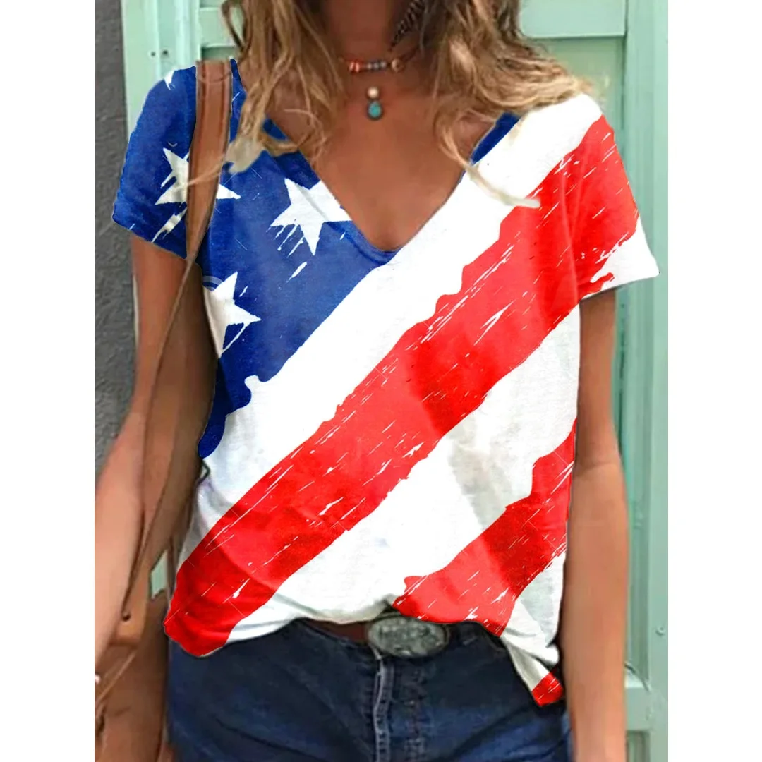 USA National Flag Printed T-Shirt Fashion Women T Shirts Short Sleeve V-Neck Streetwear Tees Harajuku Casual Y2k Cool Girls Tops