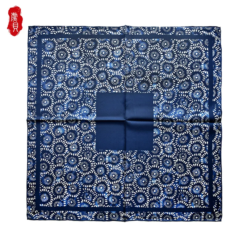 Chinese style navy blue natural silk scarf women printed flower 100% real silk twill 50cm small square wrap luxury ladies gift