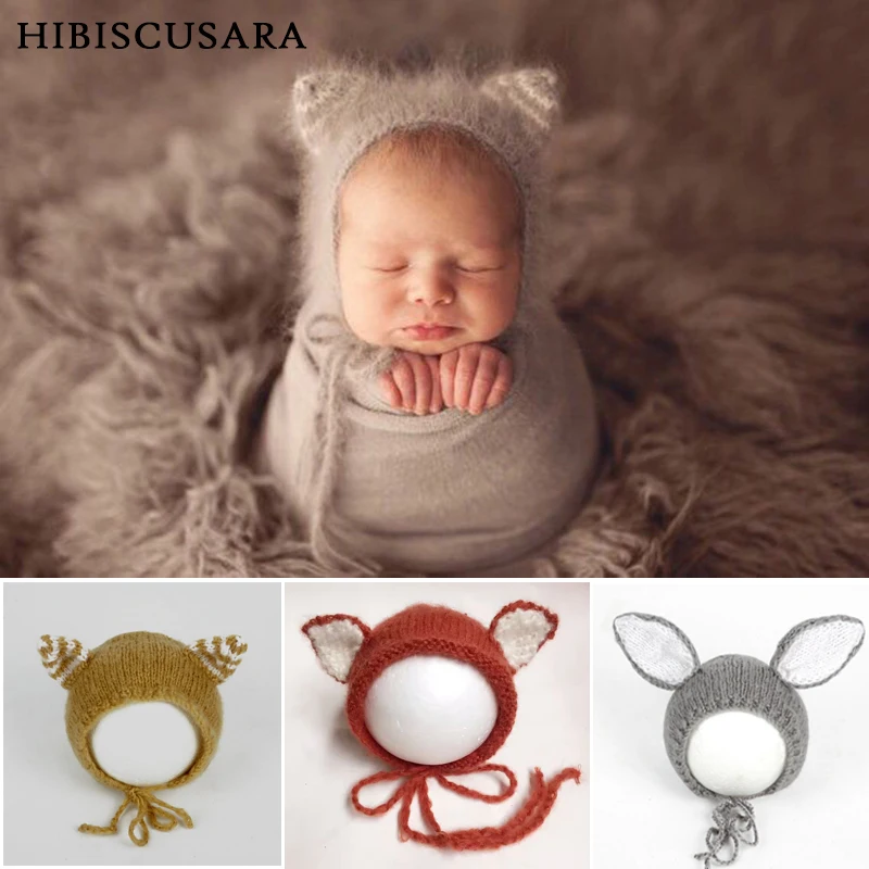 Handmade Crochet Animal Hat Mohair Newborn Baby Photography Props Infant Boys Girls 3d Ears Bonnet Bebe Accessories Beanie