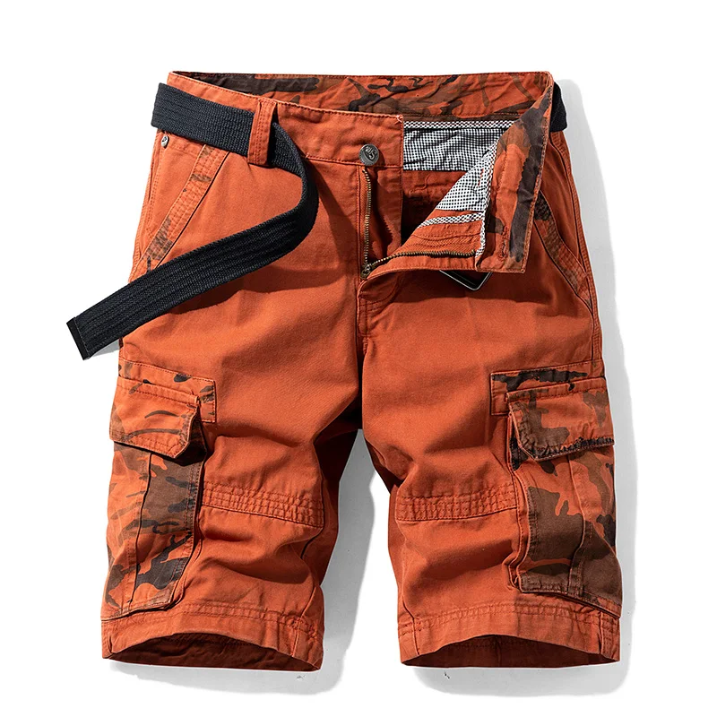 Cargo Shorts Men Spring Summer Breeches Cotton Bermuda Camouflage Denim Casual Multi-Pocket Pants Men\'s Cargo Short Orange