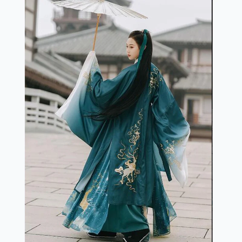 الأخضر Hanfu نمط الحديثة نمط زهرة التطريز فستان كيب كم كبير بلايز الدعاوى النمط الصيني تانغ سلالة هان عنصر #4