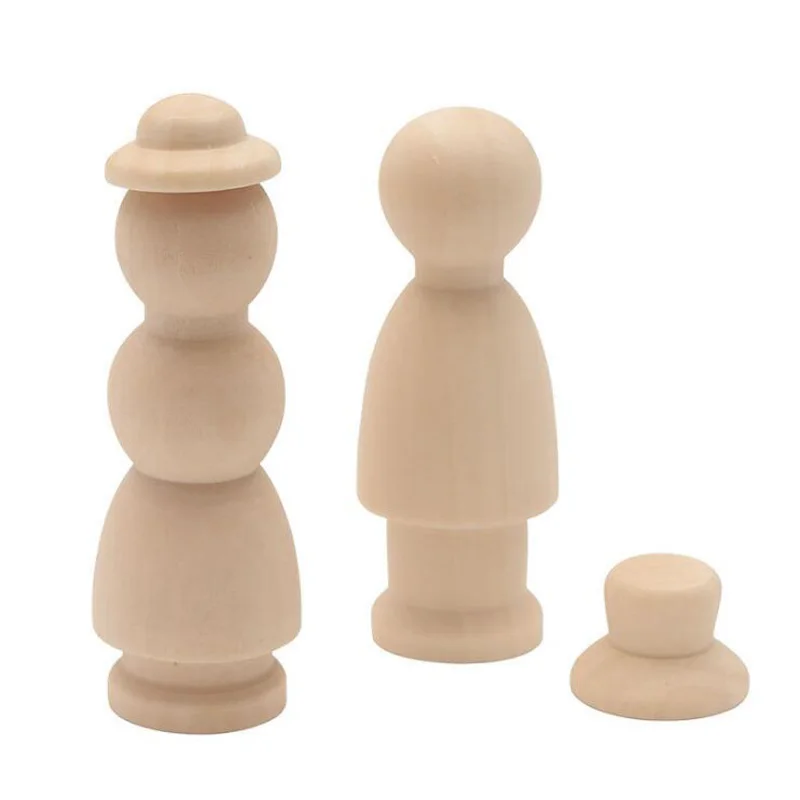 10Pcs Natural Color Male/Female/Hat Peg Dolls Solid Hardwood Unfinished Manual Painting Dolls  DIY Accessories Craft