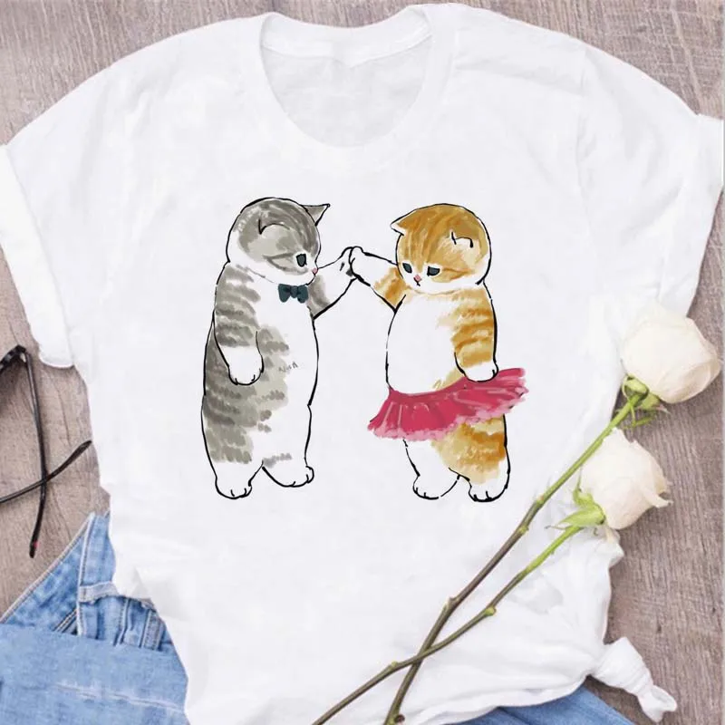 Cute Cats Printing Women T-shirts New Kawaii Women\'s Tshirt Fashion Women Clothing Funny Korean Style T-Shirts Shirts for Woman