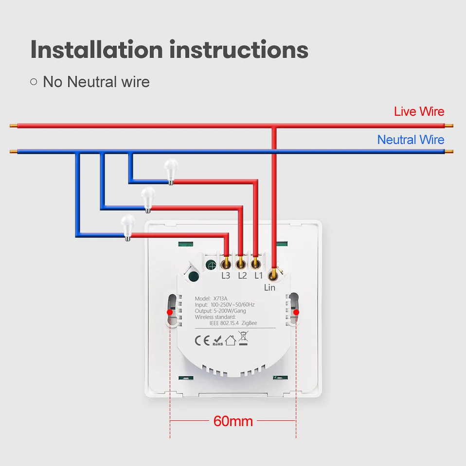 AVATTO Tuya EU WiFi Switch No Neutral Wire, Smart Life App interruptor Smart Home Switch 1/2/3 Gang work for Alexa, Google Home