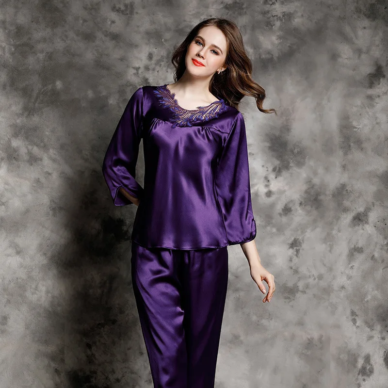 Birdsky, 1SET Women pajamas pijamas pajama set nightwear long sleeve lace sleepwear O neck 100% mulberry silk satin solid, S-302