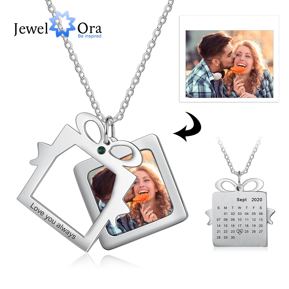 JewelOra Designer Customized Memory Photo Necklace Personalized Engraved Calendar Pendant Exquisite Christmas Gift for Her