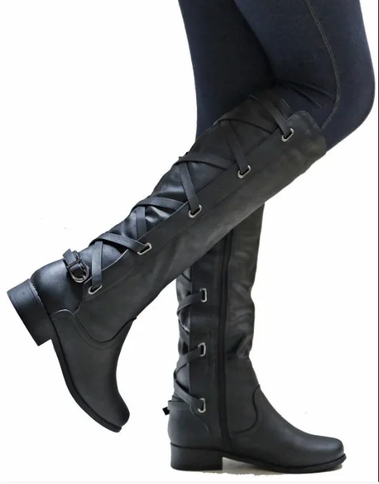 Women Knee-High Boots Fashion Boots Buckle Strap Cross Tie Boots Woman Shoes Ladies Spring Boots Waterproof Rainboots 35-43